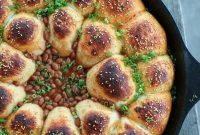 Cheeseburger Bombs Skillet with Baked Beans and Melty Cheese
