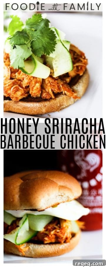 Make-Ahead Honey Sriracha Slow-Cooker BBQ Chicken 7 Gentle sweetness from honey brings out the best of the tasty heat from Sriracha in this great Slow-Cooker Honey Sriracha Barbecue Chicken. Pile the chicken high on sandwiches topped with a cucumber, cilantro salad, and a fried egg ~or~ on a tossed salad, in tacos or on a chicken fajita or barbecue pizza. Leftovers store beautifully in individual portions in the freezer.