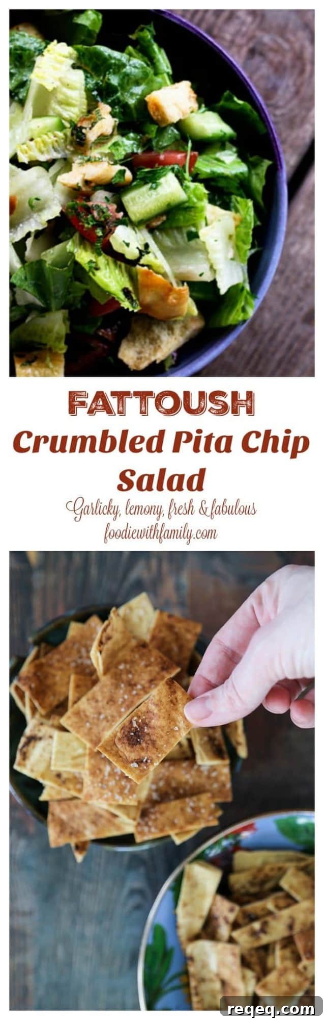Fattoush Salad with Crispy Crumbled Pita Chips 8 Fresh, garlicky, lemony Fattoush -Crumbled Pita Chip Salad: fresh enough to lift the winter doldrums or make your summer happy!