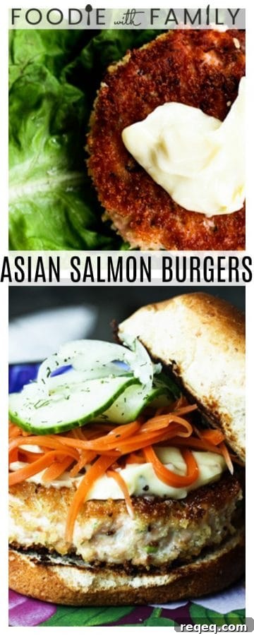 Wasabi Salmon Burgers with Asian Slaw and Mayo 5 Crunchy, flavourful, Asian Salmon Burgers with a hint of ginger and scallion in them are as easy to make as they are delicious. Topped with a dollop of Wasabi Mayonnaise that can be as mild or as wake-you-up as you wish, and served on a toasted bun or lettuce leaf (for an even more waist-line friendly option) these are a surefire crowd pleaser and a wonderful addition to your Memorial Day fare.