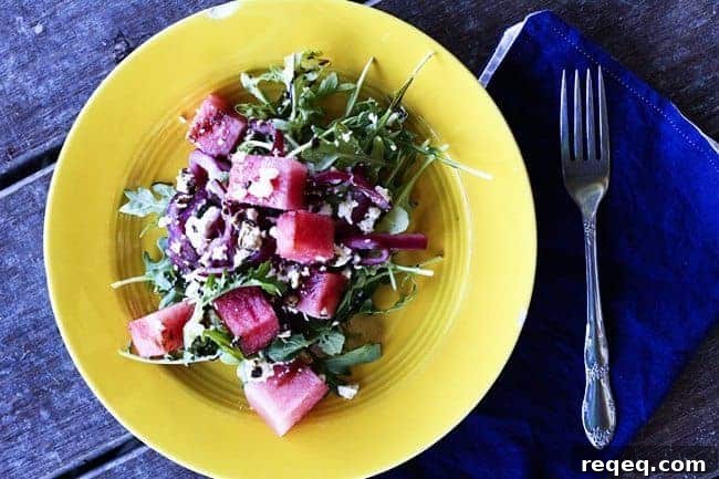 Watermelon, Feta, Arugula Salad with Pickled Red Onions and Balsamic Reduction | www.foodiewithfamily.com