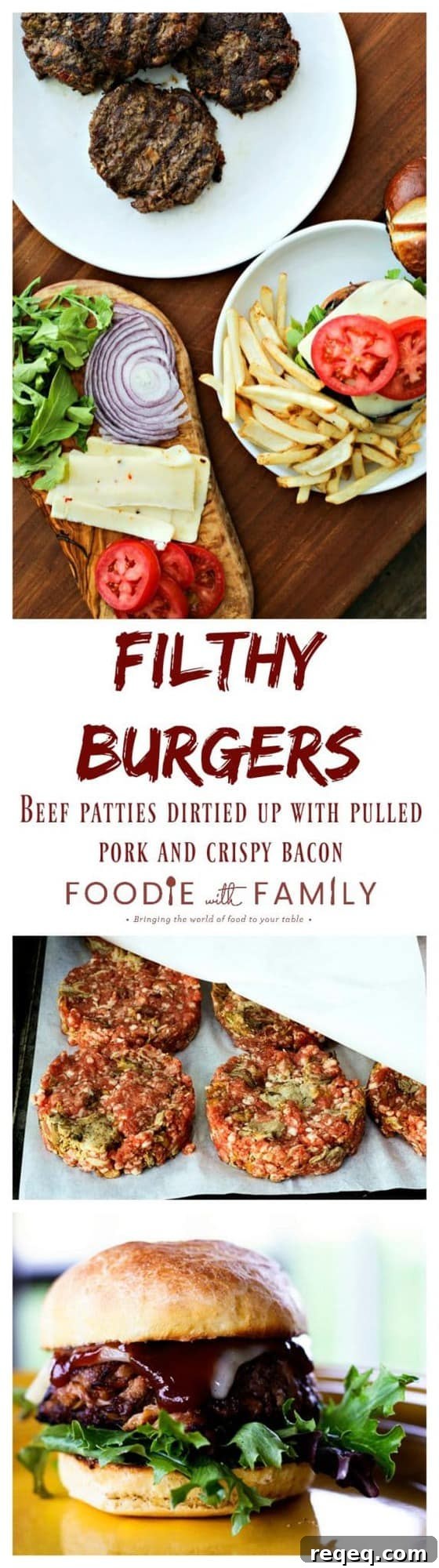 Ultimate Messy Burgers: Beef, BBQ Pulled Pork & Bacon 6 Filthy Burgers: Beef burgers filthied up with loads of pulled pork and crispy bacon in them!