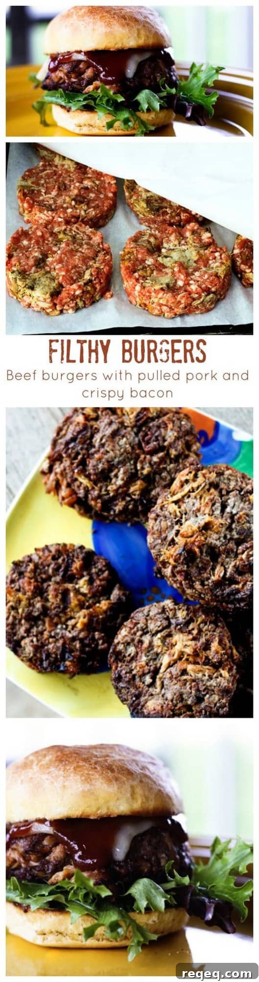 Ultimate Messy Burgers: Beef, BBQ Pulled Pork & Bacon 7 Filthy Burgers: beef burgers laced with pulled pork and crispy bacon.
