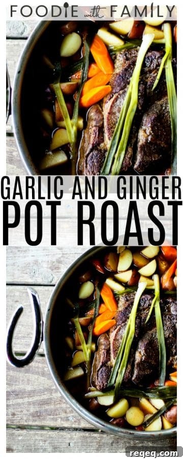 Meltingly tender, slow-braised Garlic and Ginger Pot Roast with carrots, potatoes, and green onions.