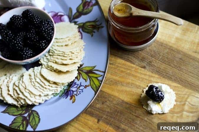 Crisps with Goat Cheese, Blackberries, and Honey at www.foodiewithfamily.com