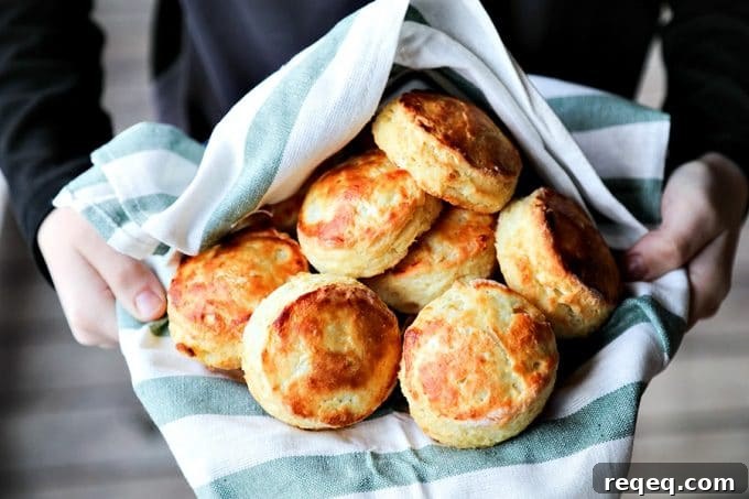 Buttermilk Biscuits: Make, Freeze, and Bake Later for Fresh Results 3 perfect flaky buttermilk biscuits in green and white towel lined bowl, held by boy in black long sleeved shirt, wooden porch