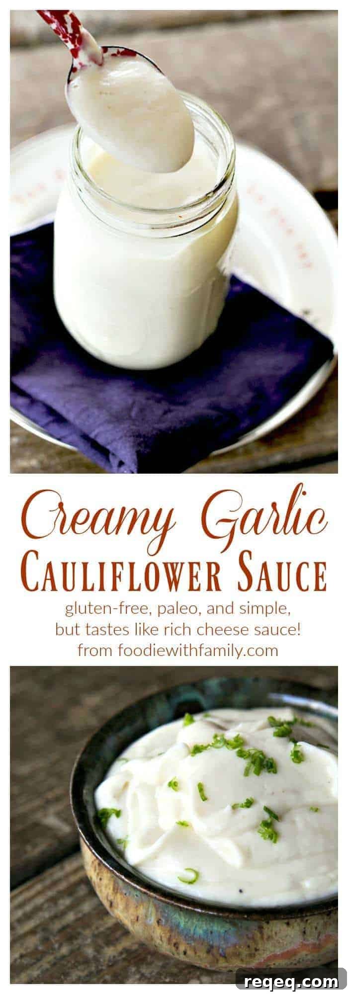 Creamy Garlic Cauliflower Sauce Recipe for Pasta & Veggies 4 Creamy Garlic Cauliflower Sauce is gluten-free, paleo, and vegan but tastes like rich cheese sauce. It is made easily in your blender.
