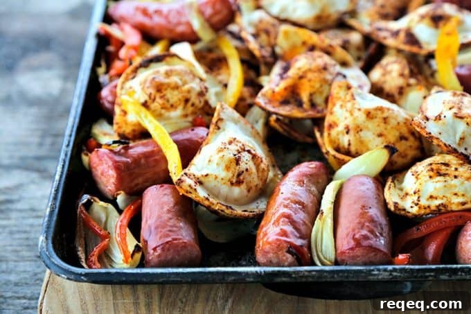 Sheet Pan Kielbasa and Pierogies Dinner with Vegetables 3 Kielbasa and Pierogies Sheet Pan Meal with juicy roasted kielbasa, crisp tender peppers and onions and puffy, potato filled pierogies.