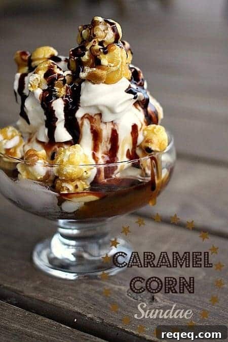 Caramel Corn Sundae Recipe: Crunchy Caramel Popcorn Ice Cream Bowl 2 Caramel Corn Ice Cream Sundae with hot fudge, caramel sauce, whipped cream, and caramel corn