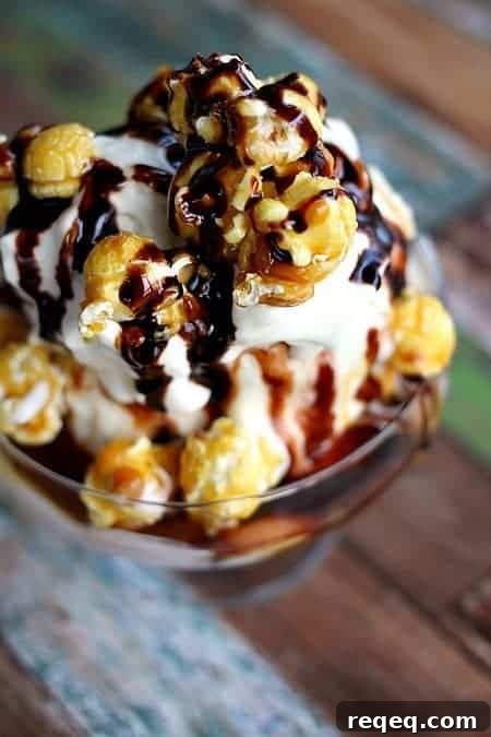 Caramel Corn Sundae Recipe: Crunchy Caramel Popcorn Ice Cream Bowl 3 Caramel Corn Ice Cream Sundae, hot fudge, caramel sauce, chocolate sauce, whipped cream
