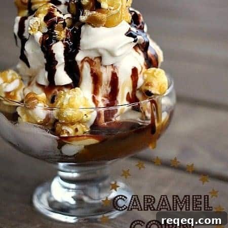 Caramel Corn Sundae Recipe: Crunchy Caramel Popcorn Ice Cream Bowl 4 Caramel Corn Ice Cream Sundae with hot fudge, caramel sauce, whipped cream, and caramel corn