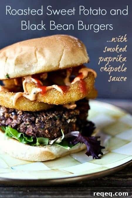 Smoky Chipotle Sauce Sweet Potato & Black Bean Burgers 2 black bean burgers with roasted sweet potatoes and chipotle sauce