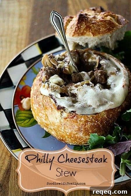 Philly Cheesesteak Stew Recipe: Savory Comfort in One Pot 2 Philly Cheesteak Stew in bread bowls foodiewithfamily.com #ComfortFood #Stew