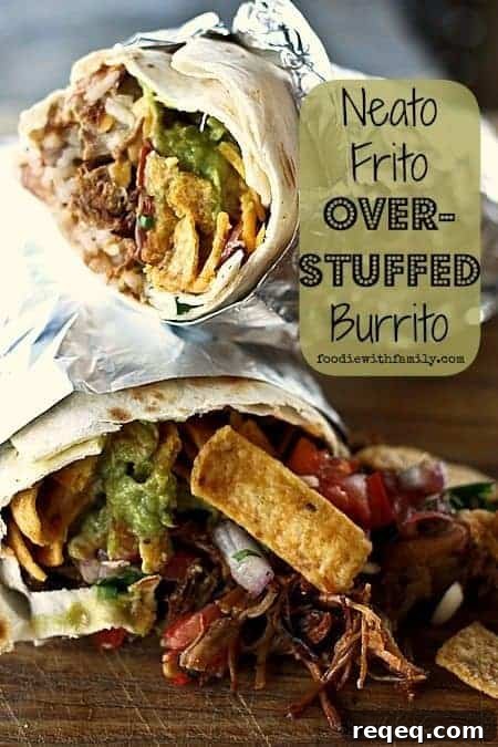 Neato Frito Overstuffed Burritos: Loaded Crunchy Mexican Wraps 2 Neato Frito Overstuffed Burrito with pulled pork, guacamole, refried beans, rice, Fritos, cheese, Ranch dressing, and barbecue sauce. #burritos #foodiewithfamily