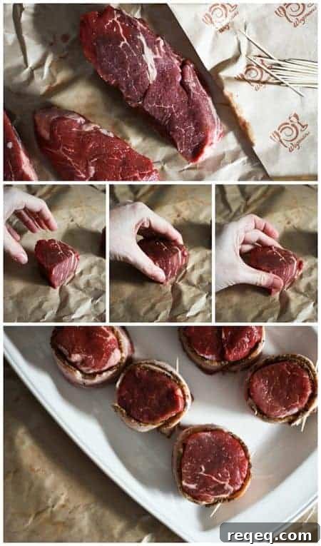 Smoky Bleu Cheese Bacon-Wrapped Tenderloin Filet Recipe 3 Creating Bacon Wrapped Tenderloin rounds from Tenderloin Steaks foodiewithfamily.com
