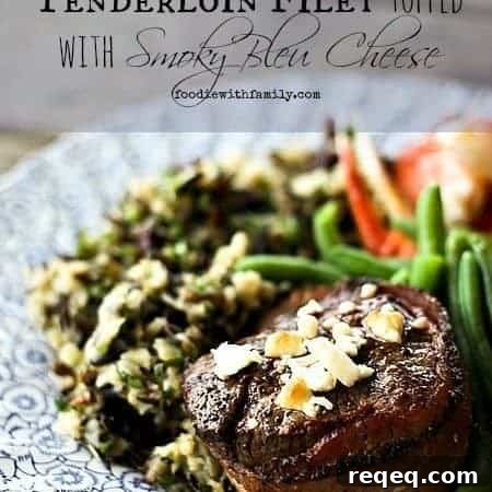 Smoky Bleu Cheese Bacon-Wrapped Tenderloin Filet Recipe 5 Bacon Wrapped Tenderloin Filet topped with Smoky Bleu Cheese foodiewithfamily.com