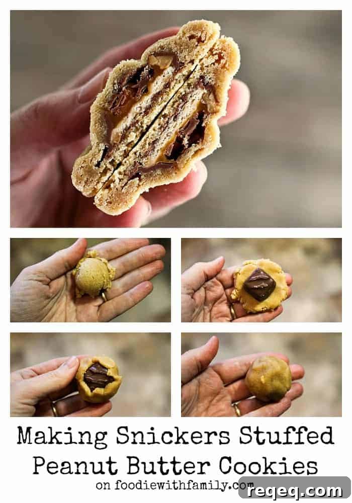 Snickers-Stuffed Peanut Butter Cookies — Amish Recipe 3 How to make Snickers Stuffed Peanut Butter Cookies #cookies #foodiewithfamily.com