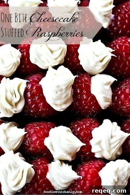 Mini Cheesecake-Stuffed Raspberries: Bite-Sized Dessert Recipes 4 One Bite Cheesecake Stuffed Rasperries with Chambord foodiewithfamily.com #cheesecake #Dessert