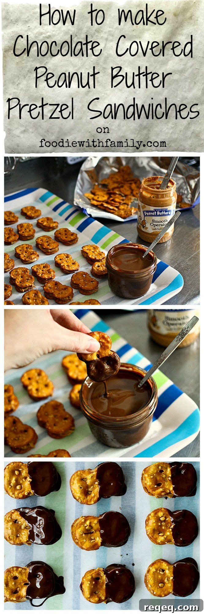 Chocolate-Covered Peanut Butter Pretzel Sandwiches You'll Crave 3 Chocolate Covered Peanut Butter Pretzel Sandwiches #PeanutButter #Chocolate #Pretzels foodiewithfamily.com