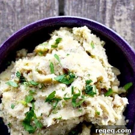 Caramelized Onion and Butter Mashed Potatoes. Velvety, rich, smooth and packed with flavour.