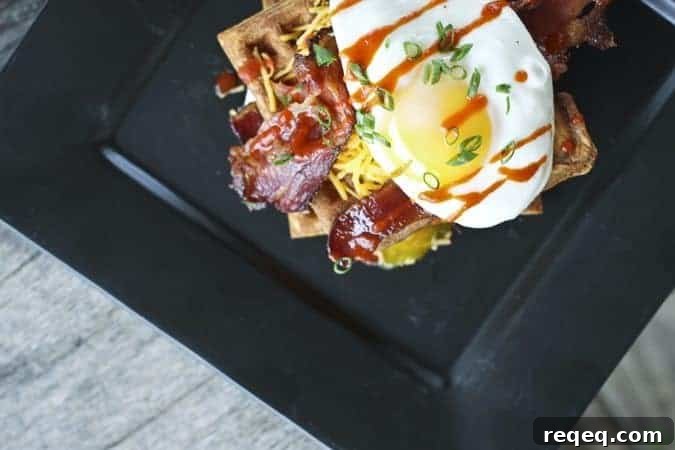 Mega Bacon Egg and Cheese Waffle Stacks for breakfast, lunch, or dinner.
