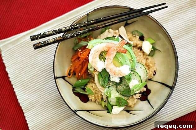 Lazy Sushi: Seasoned rice, cream cheese, marinated cucumber salad, pickled carrots, and shrimp. foodiewithfamily.com