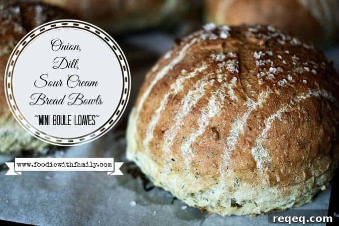 Mini Onion and Dill Sour Cream Bread Bowls (Mini Boule Loaves) 2 Onion, Dill, Sour Cream Bread Bowls or Mini Boule Loaves foodiewithfamily.com #artisanbread #homemadebread