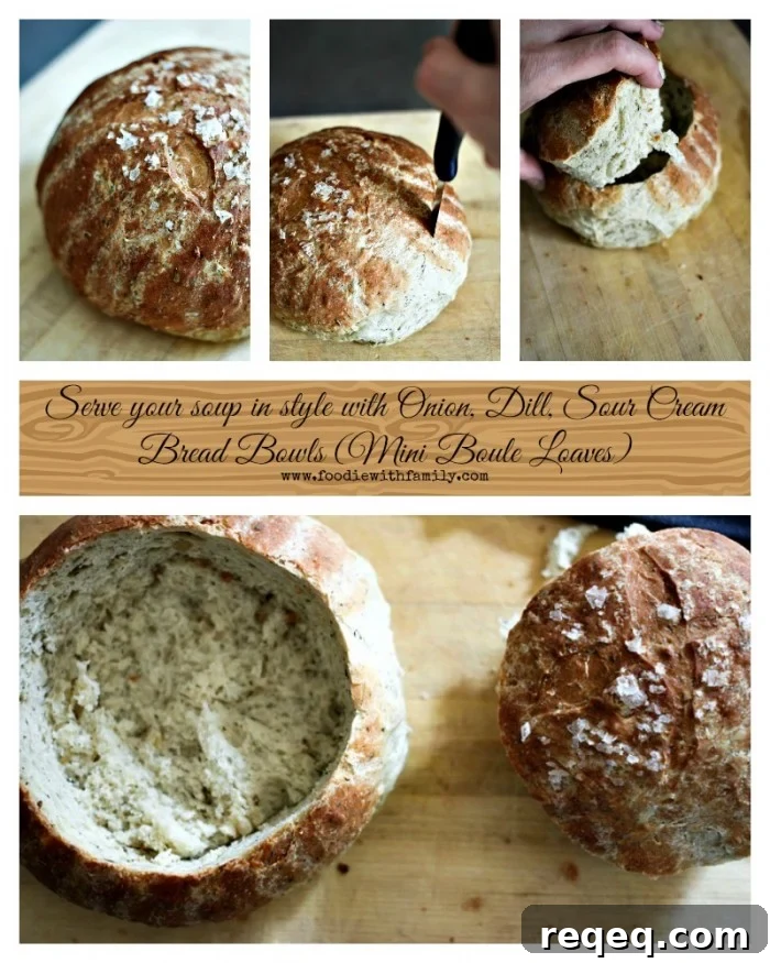 Mini Onion and Dill Sour Cream Bread Bowls (Mini Boule Loaves) 5 Onion, Dill, Sour Cream Bread Bowls or Mini Boule Loaves foodiewithfamily.com #artisanbread #homemadebread