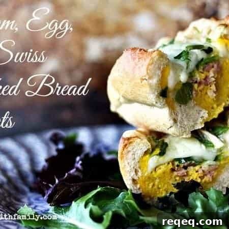 Ham, Egg, and Swiss Baked Bread Boats from foodiewithfamily.com