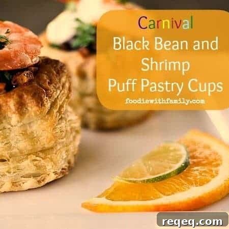 Carnival Shrimp and Black Bean Puff Pastry Cups 4 Carnival Black Bean and Shrimp Puff Pastry Cups from foodiewithfamily.com #WorldCup