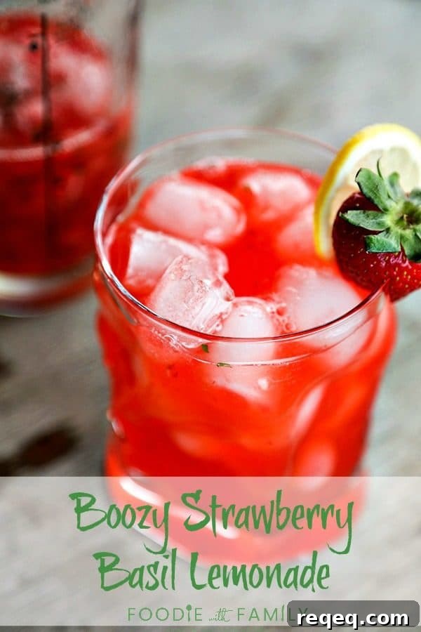 Strawberry Basil Lemonade Cocktail Recipe | Summer Boozy Drink 7 pinterest banner, boozy strawberry basil lemonade, bormioli rocco sorgente highball glass, strawberry and lemon garnish, rustic wood table, vertical shot, glass cocktail shaker