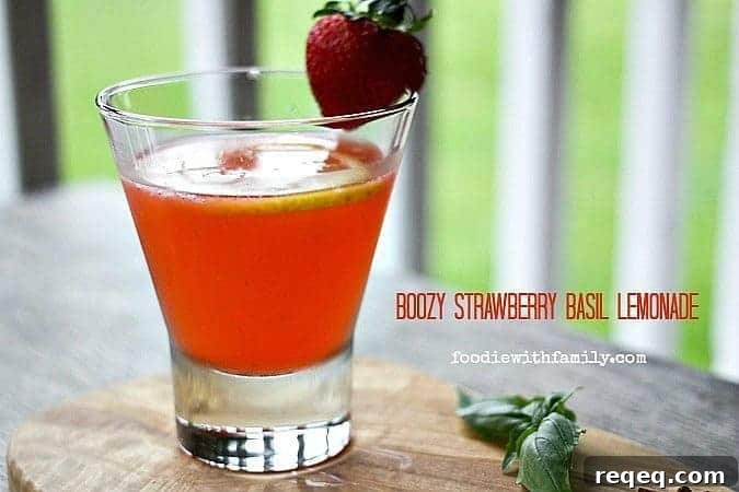 Boozy Strawberry Basil Lemonade made with strawberry basil infused vodka from foodiewithfamily.com