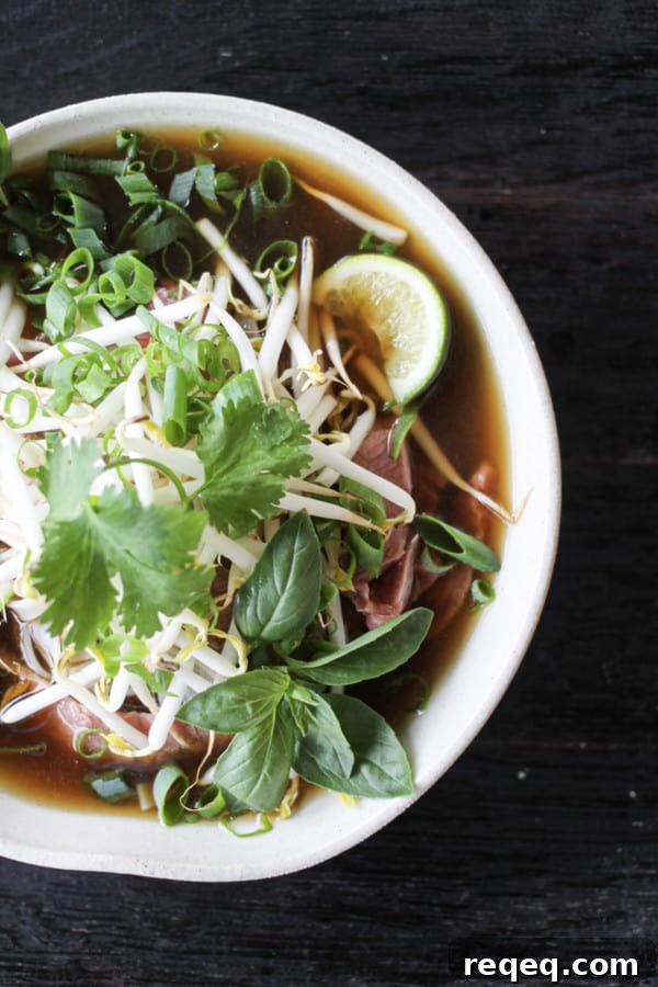 Pho: Authentic Vietnamese Beef Noodle Soup Recipe 10 Easy Pho recipe: fragrant beef broth, slices of beef, rice noodles, sprouts, cilantro and basil, hot peppers, and a squeeze of lime!