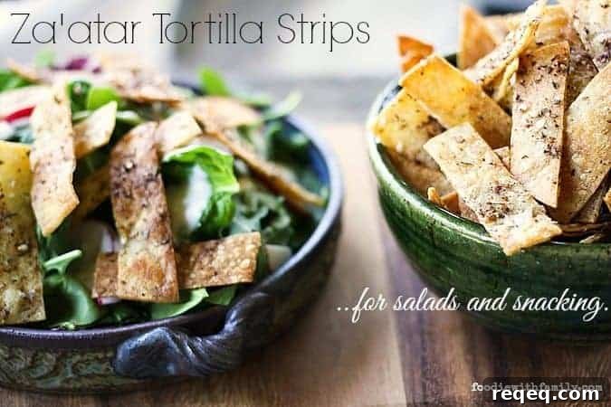 Za'atar Tortilla Strips for Salads, Dips & Snacks 4 Baked Za'atar Tortilla Strips for Salad or Snacking
