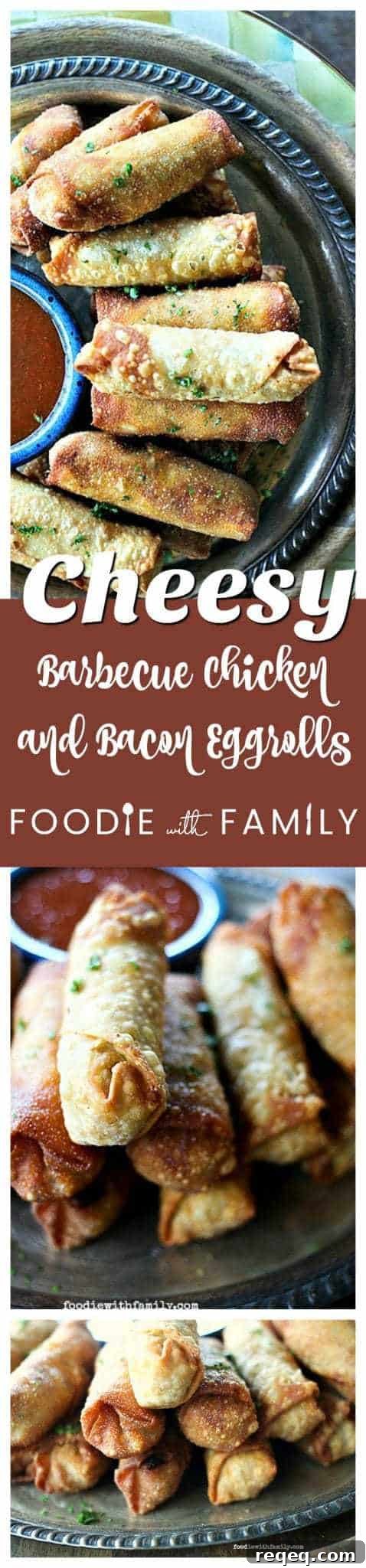 Barbecue Chicken & Bacon Egg Rolls with Melted Cheddar 8 Crunchy egg roll wrappers around a cheesy, bacon studded, barbecue chicken filling will keep you wanting more Cheesy Barbecue Chicken and Bacon Egg Rolls!