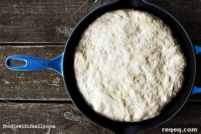 Pan Pizza Guide: How It’s Made, Why It Works, and Topping Ideas 4 Preparing dough for The Best Pan Pizza {super easy!} from foodiewithfamily.com