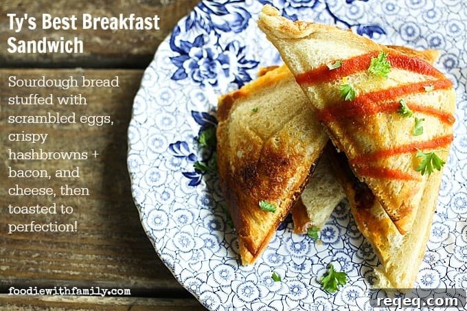 Ty's Best Breakfast Sandwich {scrambled eggs, crispy hashbrowns + bacon, and cheese in sourdough toast! foodiewithfamily.com