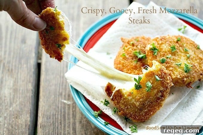 Crispy Mozzarella Steak Sandwiches with Gooey Melted Cheese 6 Crispy, Gooey, Fresh Mozzarella Steaks from foodiewithfamily.com #FreezerFriendly #MakeAheadMondays