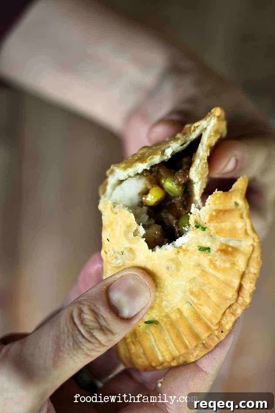 Shepherd's Pie Hand Pies – Savory Empanada Recipe 3 Shepherd's Pie Empanadas {beef, gravy, corn, peas, and mashed potato stuffed in a flaky, golden brown crust}