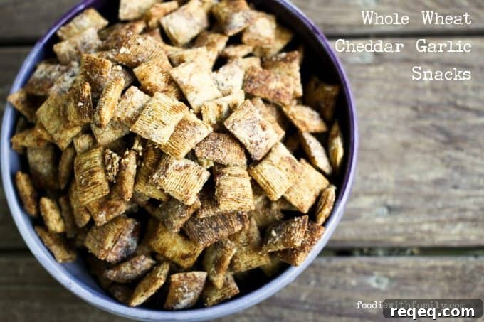Whole-Wheat Cheddar Garlic Snack Bites for Crispy Crunch 3 Whole Wheat Cheddar Garlic Snacks made from bite-sized shredded wheat cereal from foodiewithfamily.com