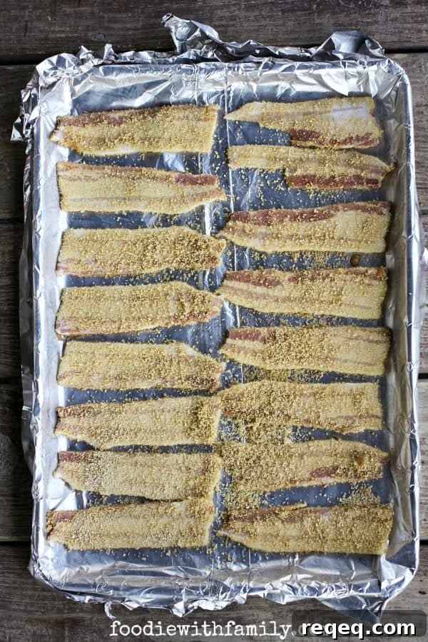 Maple-Glazed Candied Bacon: Sweet & Crispy Bacon Recipe 3 Homemade Maple Candied Bacon being prepared for the oven by foodiewithfamily.com