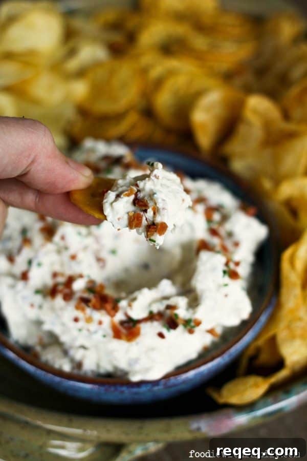 A fresh batch of sour cream, bacon, cheddar, and chive dip from foodiewithfamily.com