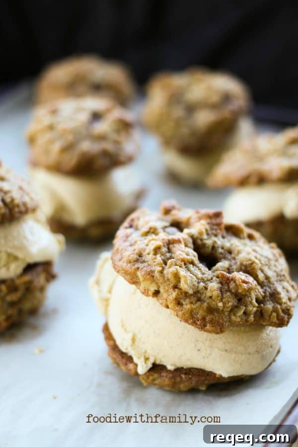 Cinnamon Frozen Custard & Cookie Ice Cream Sandwiches 2 Cinnamon Frozen Custard and Caramel Apple Oatmeal Cookie ice cream sandwiches on foodiewithfamily.com
