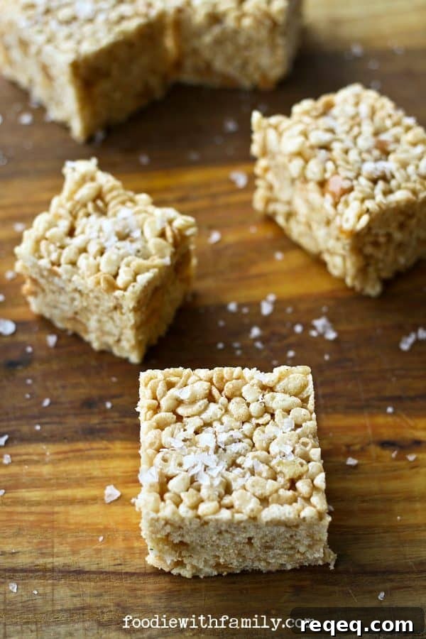 Salted Caramel Bourbon Rice Krispie Treats 2 A grown up twist on a kids' favourite: Salted Caramel Bourbon Rice Crispy Treats on foodiewithfamily.com