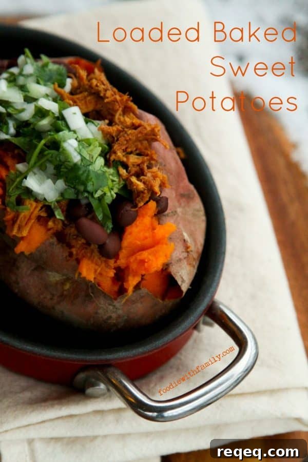 Loaded Baked Sweet Potatoes with pulled chicken, black beans, and cilantro, onion, and lime relish