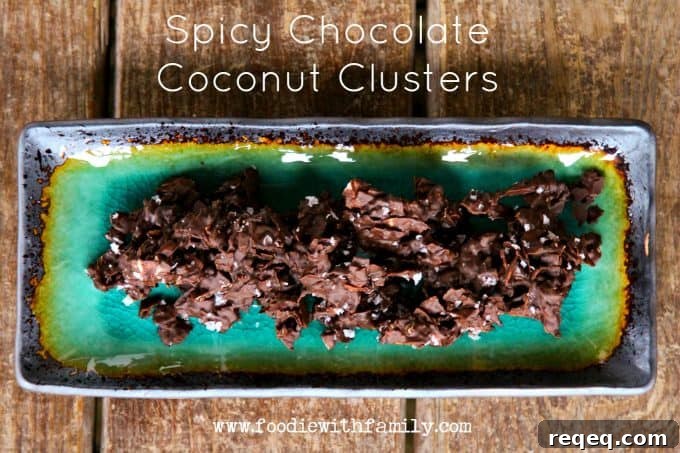 Spicy Dark Chocolate Coconut Clusters Recipe 3 Spicy Chocolate Coconut Clusters; dark chocolate, toasted coconut, sea salt, and a wee bit of fire