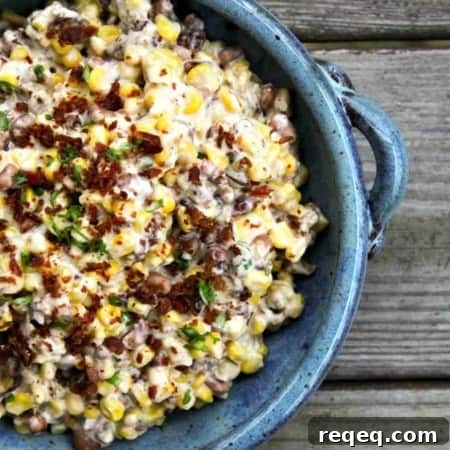Slow-Cooker Black-Eyed Pea Dip with Corn & Bacon Recipe 5 Slow-Cooker Black-Eyed Pea Dip with Corn and Bacon is absolutely BURSTING at the seams with black eyed peas and corn in a creamy cheese sauce.