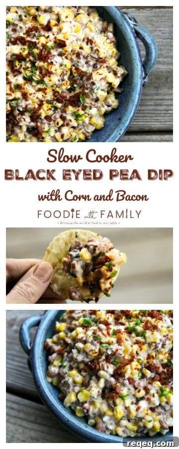 Slow-Cooker Black-Eyed Pea Dip with Corn & Bacon Recipe 6 Slow-Cooker Black-Eyed Pea Dip with Corn and Bacon is absolutely BURSTING at the seams with black eyed peas and corn in a creamy cheese sauce.