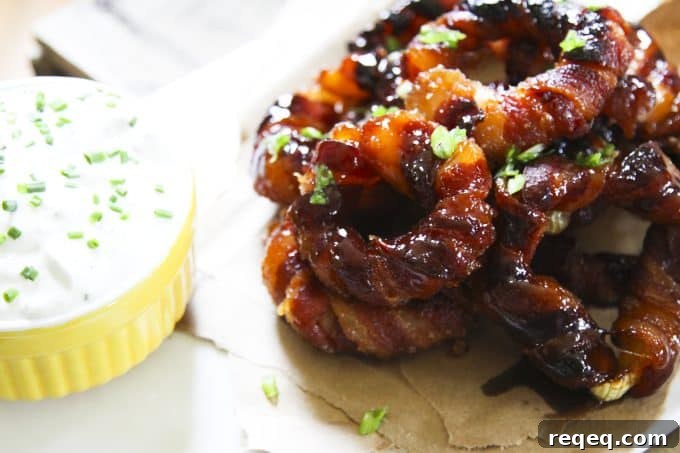 Easy Bleu Cheese Dip or Dressing served with Bacon Wrapped Onion Rings from foodiewithfamily.com