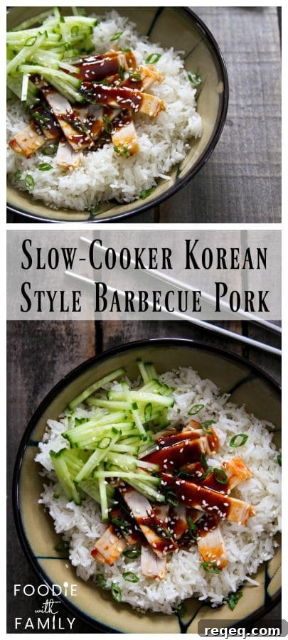 Slow-Cooker Korean-Style Barbecue Pork Recipe 5 collage of Strips of slow-cooker korean style barbecue pork with sauce on rice with cucumbers in taupe ceramic bowl with a black rim, on wood background.